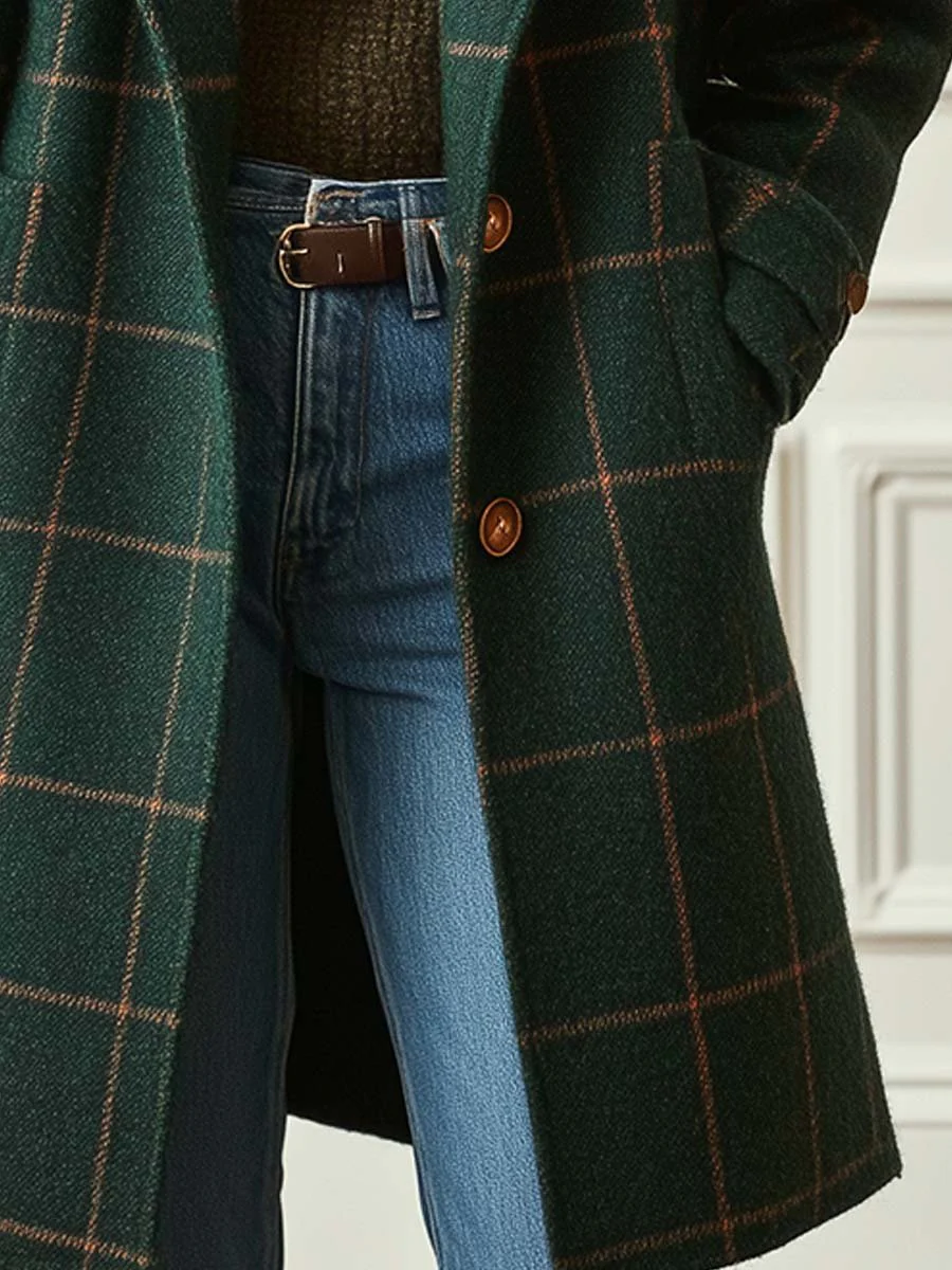 Vintage Green Plaid Lapel Mid-Length Jacket Coat