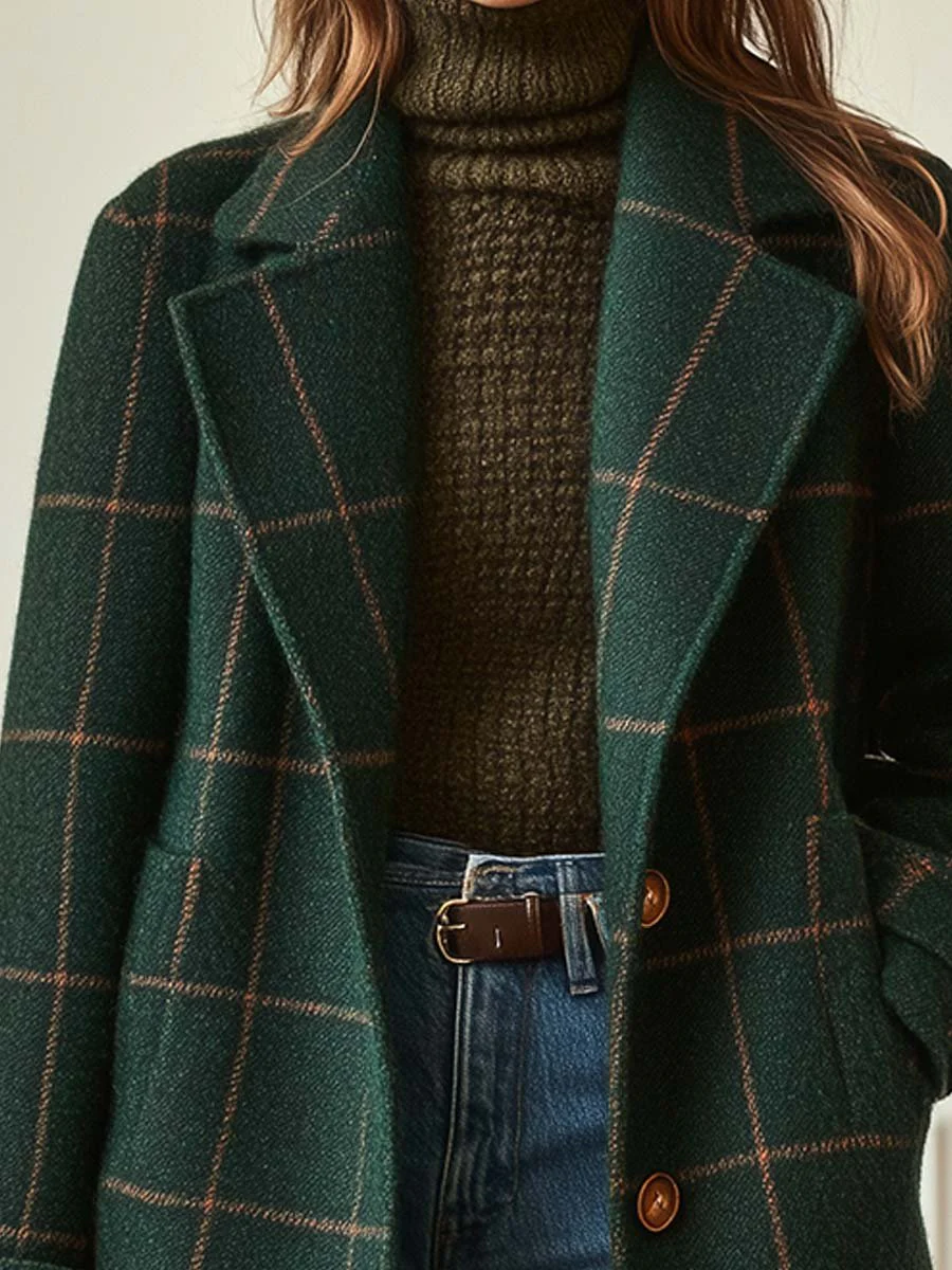 Vintage Green Plaid Lapel Mid-Length Jacket Coat
