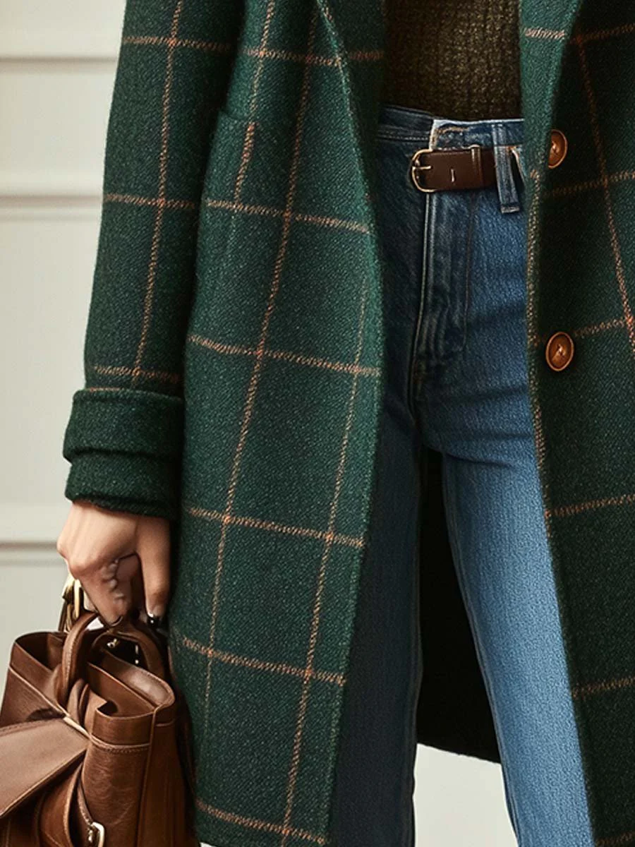 Vintage Green Plaid Lapel Mid-Length Jacket Coat