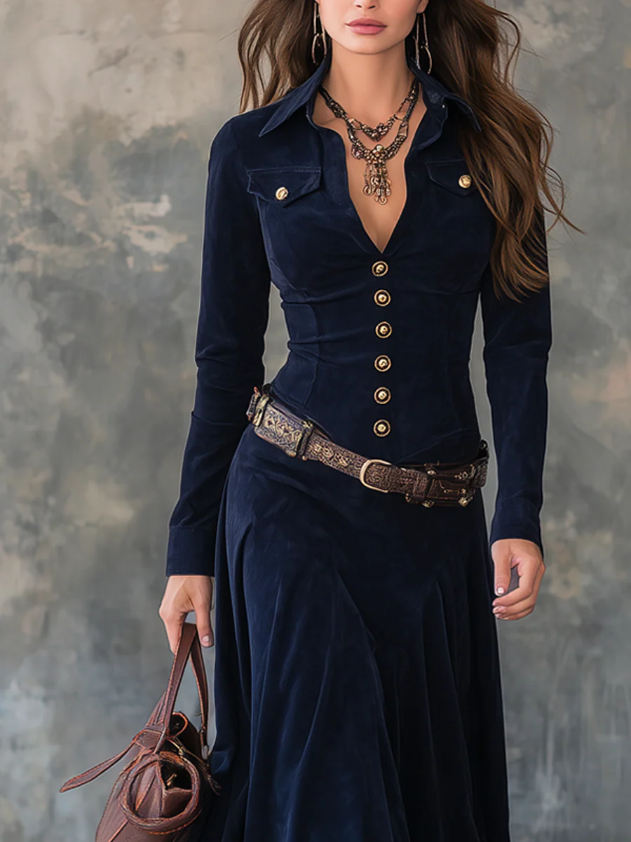 Vintage Flap Pocket Polyester Suede Maxi Dress(With belt)