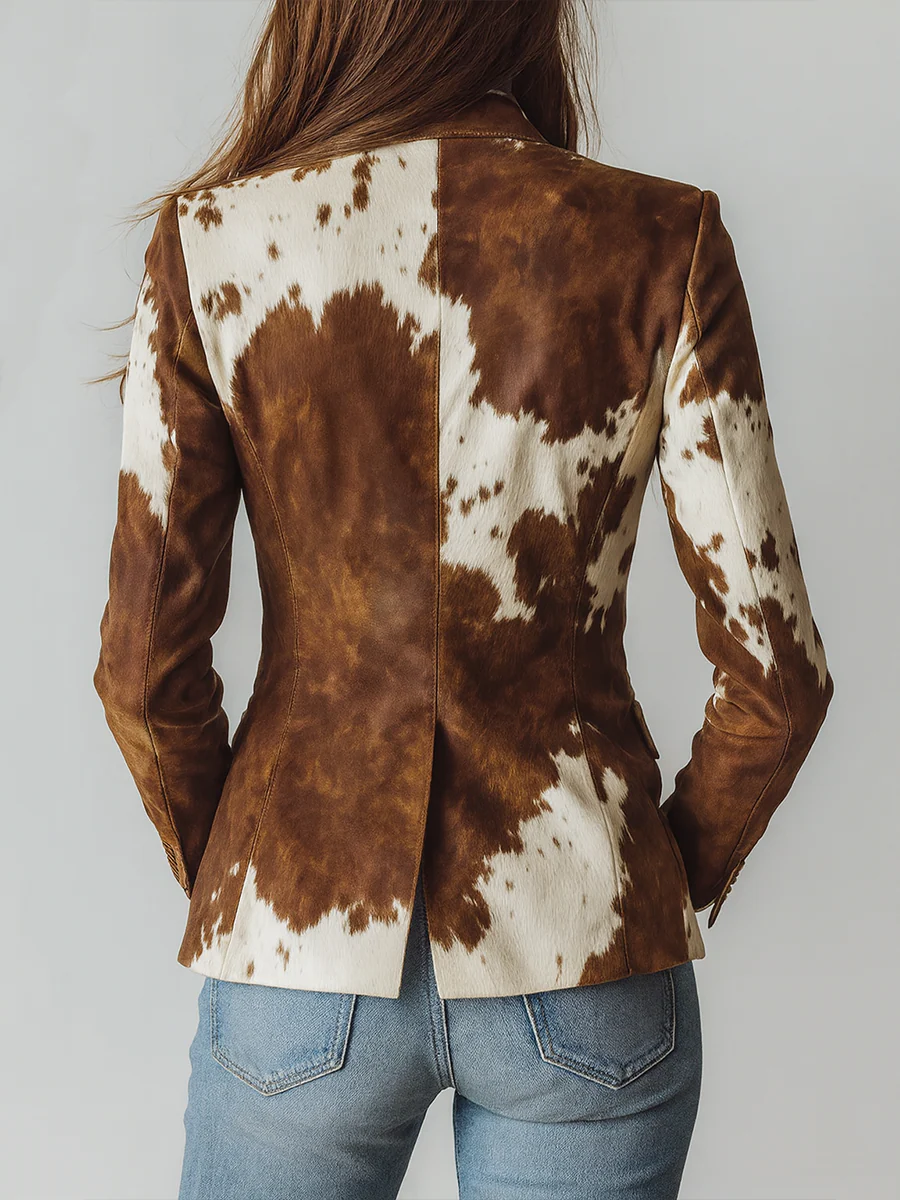 Retro Brown Cow Print Suit Jacket