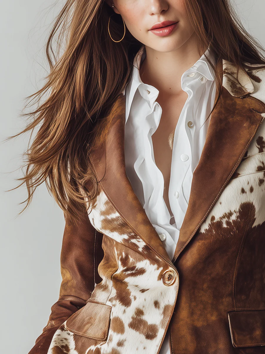 Retro Brown Cow Print Suit Jacket