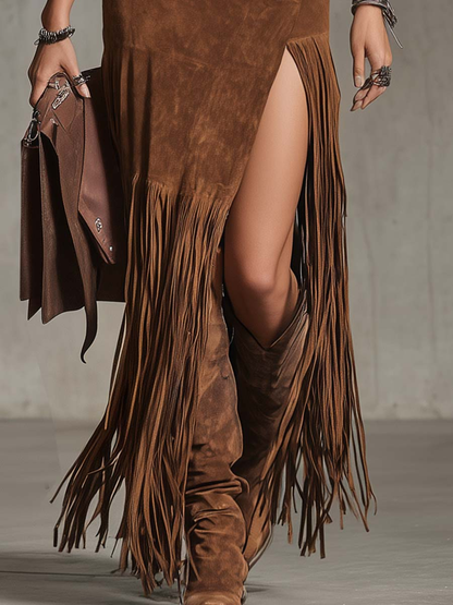 Fringe-trimmed Faux Denim Irregular Suede Midi Skirt