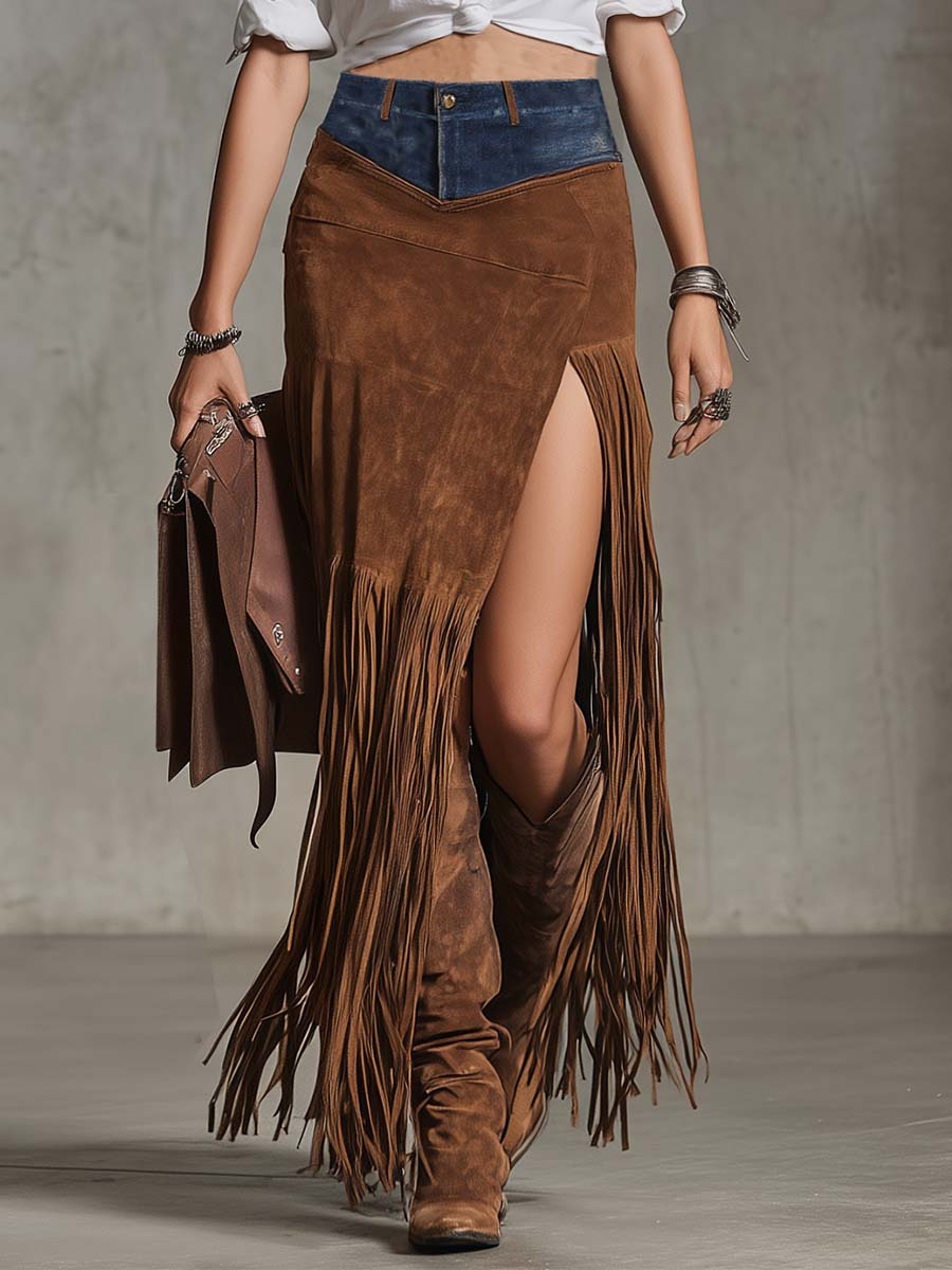 Fringe-trimmed Faux Denim Irregular Suede Midi Skirt