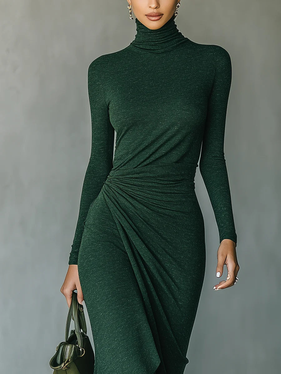 Dark Green Turtleneck Pleated Irregular Wrap Midi Dress