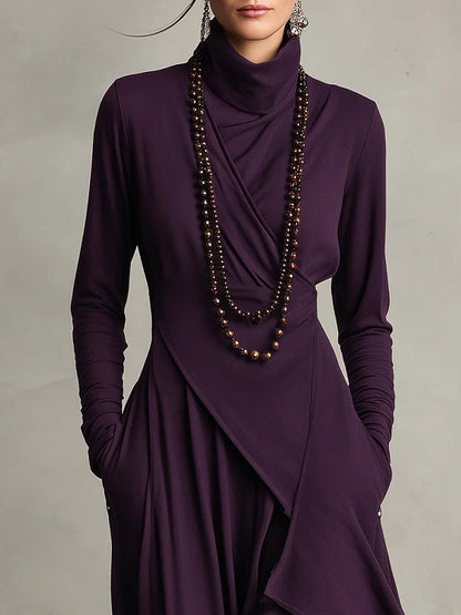 Purple High-neck Asymmetrical Pleated Maxi Dress（Necklace not included）