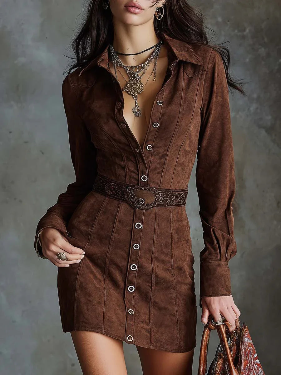 Vintage Brown Lapel Button-down Faux Suede Mini Dress (with belt) - NuaVibe