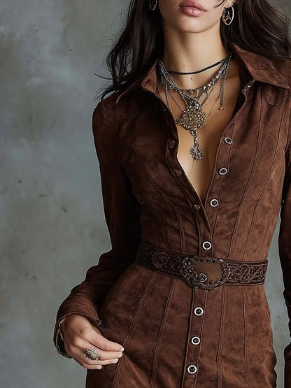 Vintage Brown Lapel Button-down Faux Suede Mini Dress (with belt) - NuaVibe