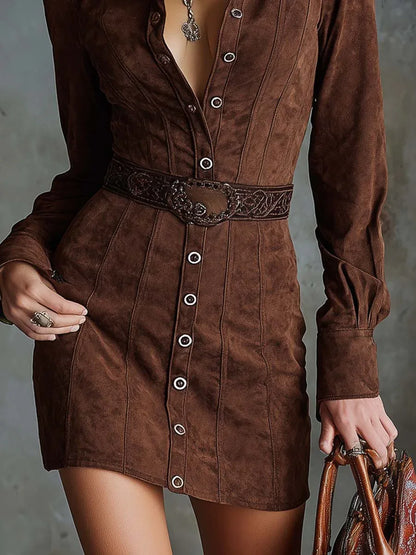 Vintage Brown Lapel Button-down Faux Suede Mini Dress (with belt) - NuaVibe