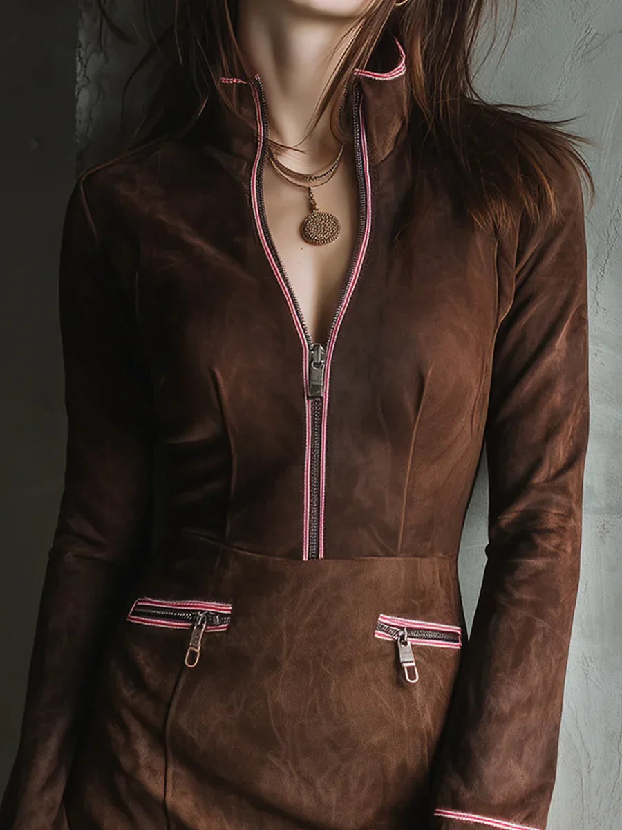 Color-blocked Faux Suede Half-zip Mini Dress - NuaVibe