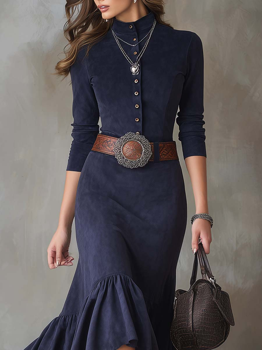 Navy Blue Stand-up Collar Button High-low Hem Maxi Dress(with belt)