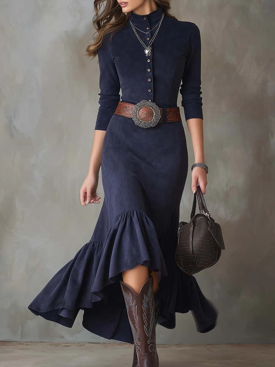 Navy Blue Stand-up Collar Button High-low Hem Maxi Dress(with belt)