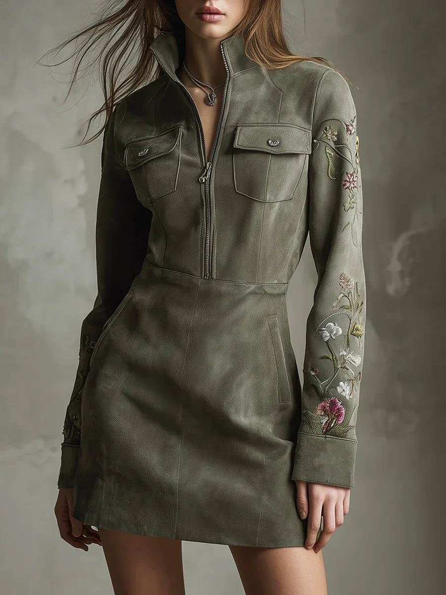 Green Embroidered Faux Suede Half-zip Mini Dress - NuaVibe