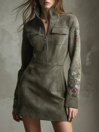 Green Embroidered Faux Suede Half-zip Mini Dress - NuaVibe