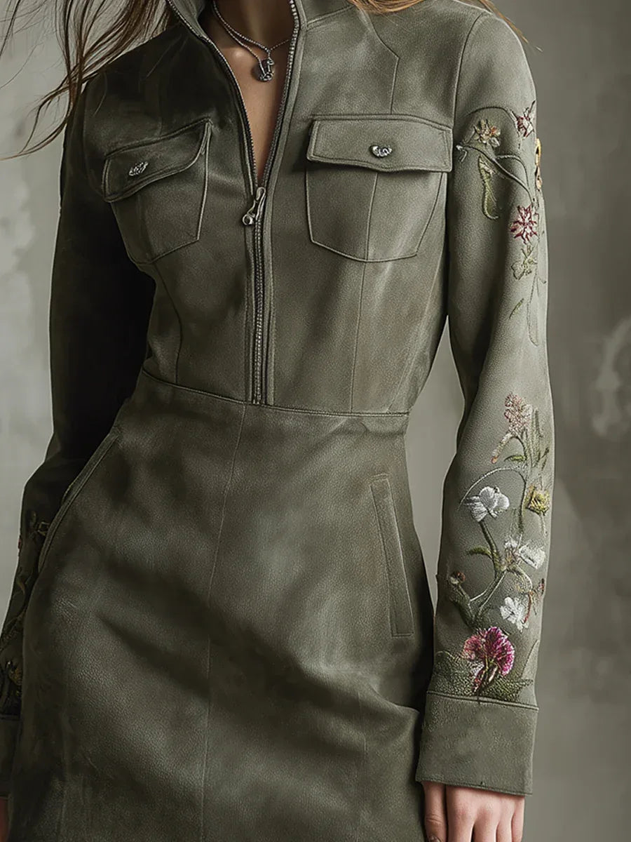 Green Embroidered Faux Suede Half-zip Mini Dress - NuaVibe
