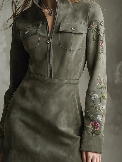 Green Embroidered Faux Suede Half-zip Mini Dress - NuaVibe