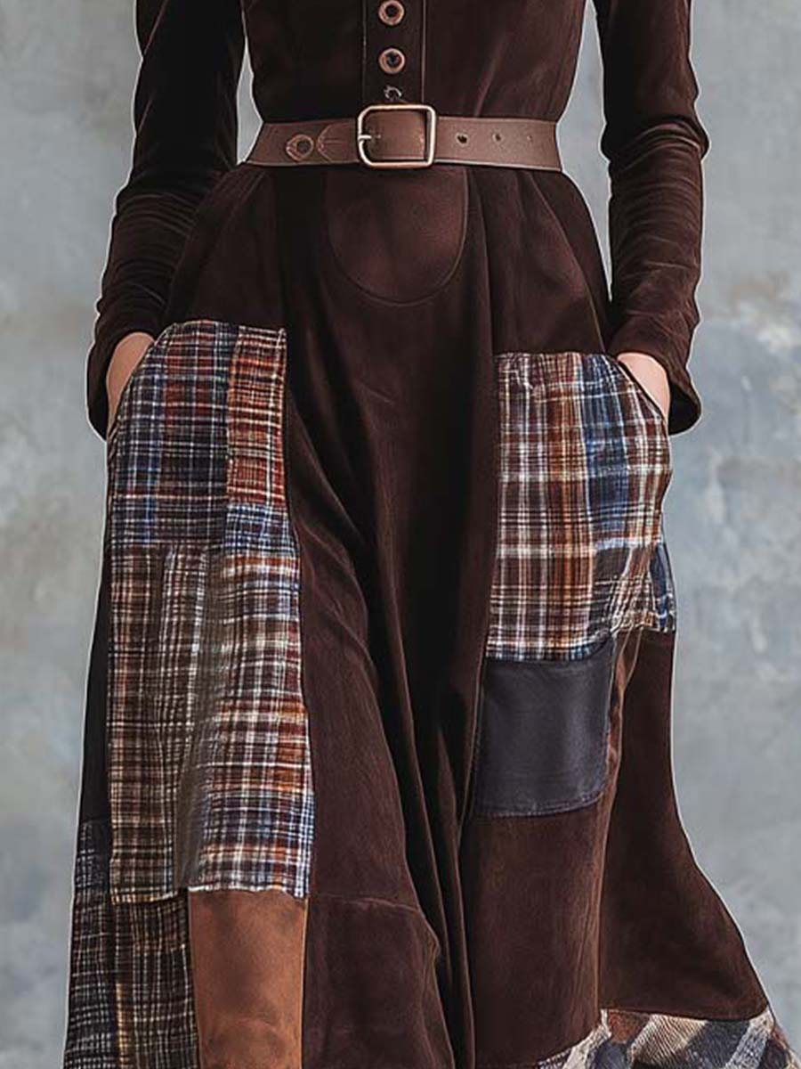 Brown Plaid Patchwork Vintage Faux Suede Maxi Dress (with belt)