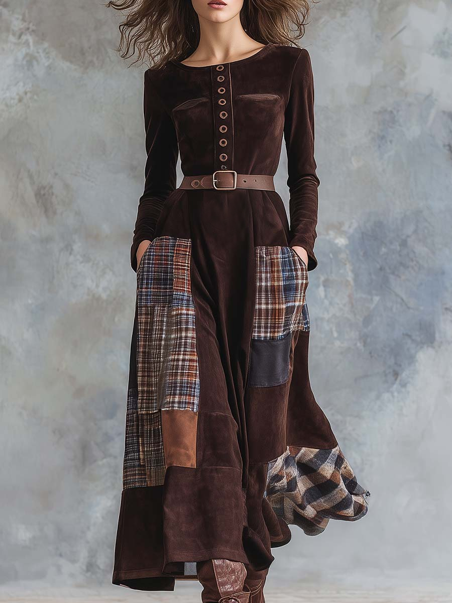 Brown Plaid Patchwork Vintage Faux Suede Maxi Dress (with belt)