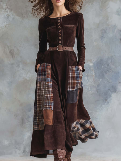 Brown Plaid Patchwork Vintage Faux Suede Maxi Dress (with belt)