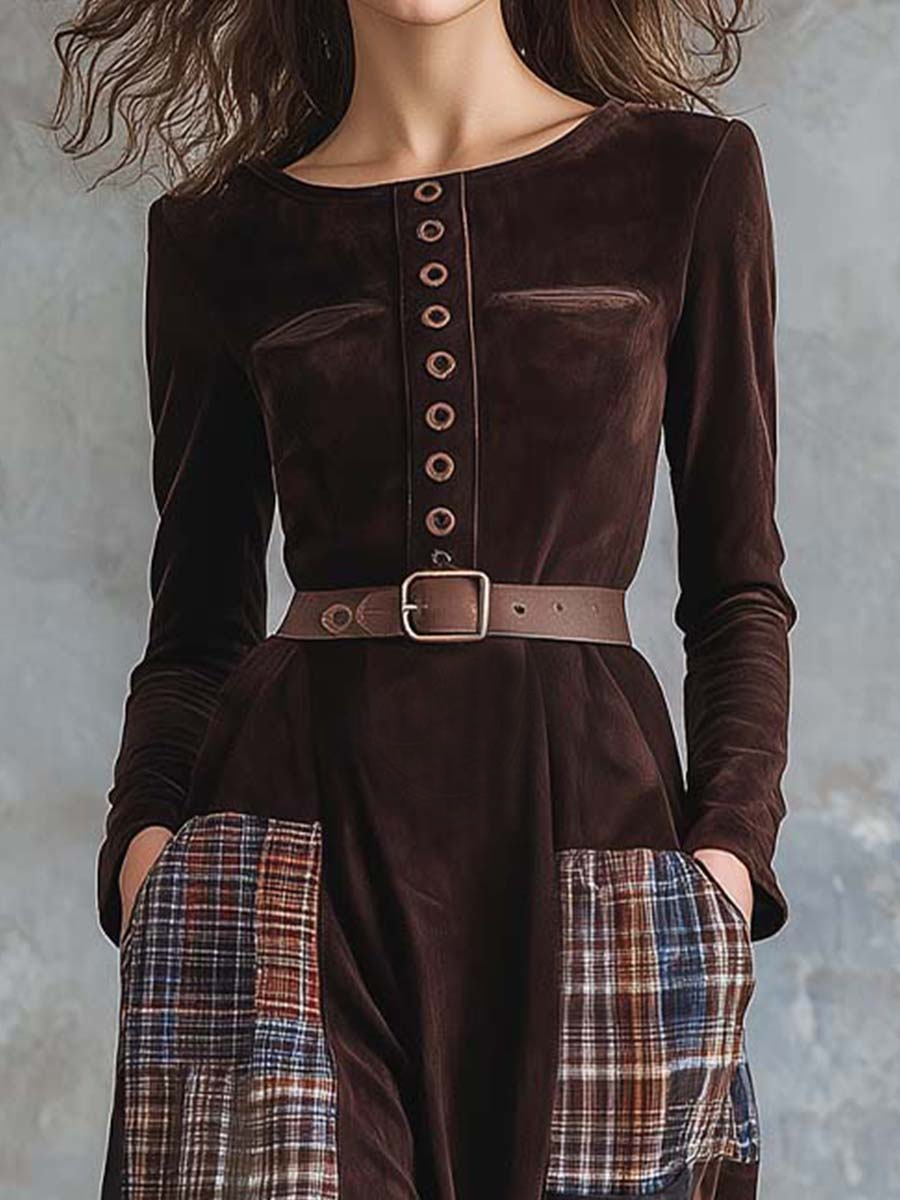 Brown Plaid Patchwork Vintage Faux Suede Maxi Dress (with belt)