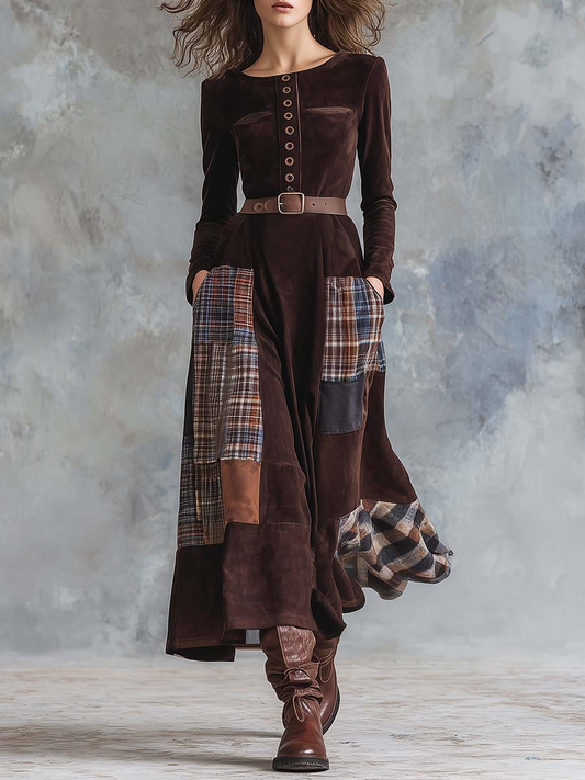 Brown Plaid Patchwork Vintage Faux Suede Maxi Dress (with belt)