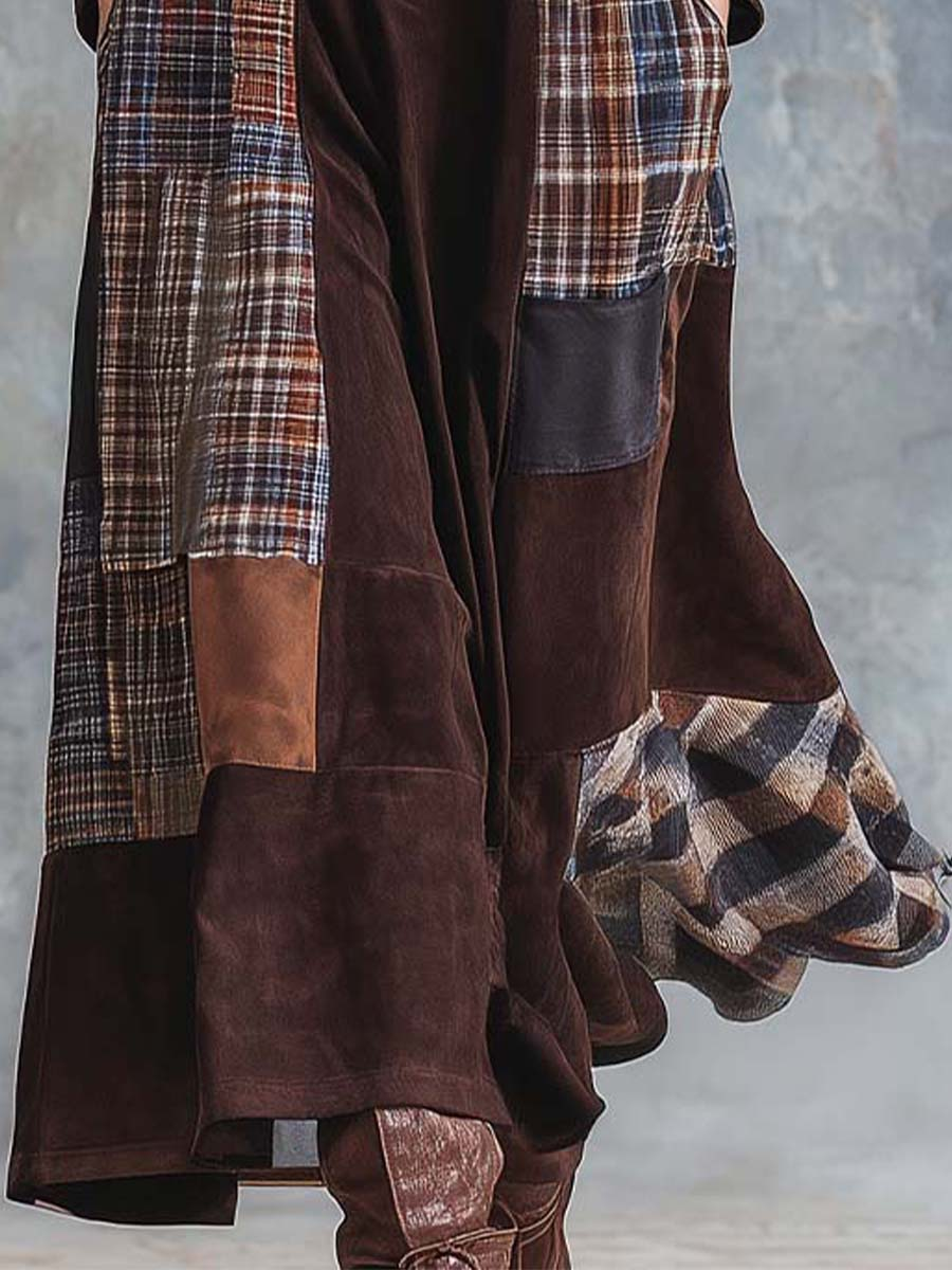 Brown Plaid Patchwork Vintage Faux Suede Maxi Dress (with belt)