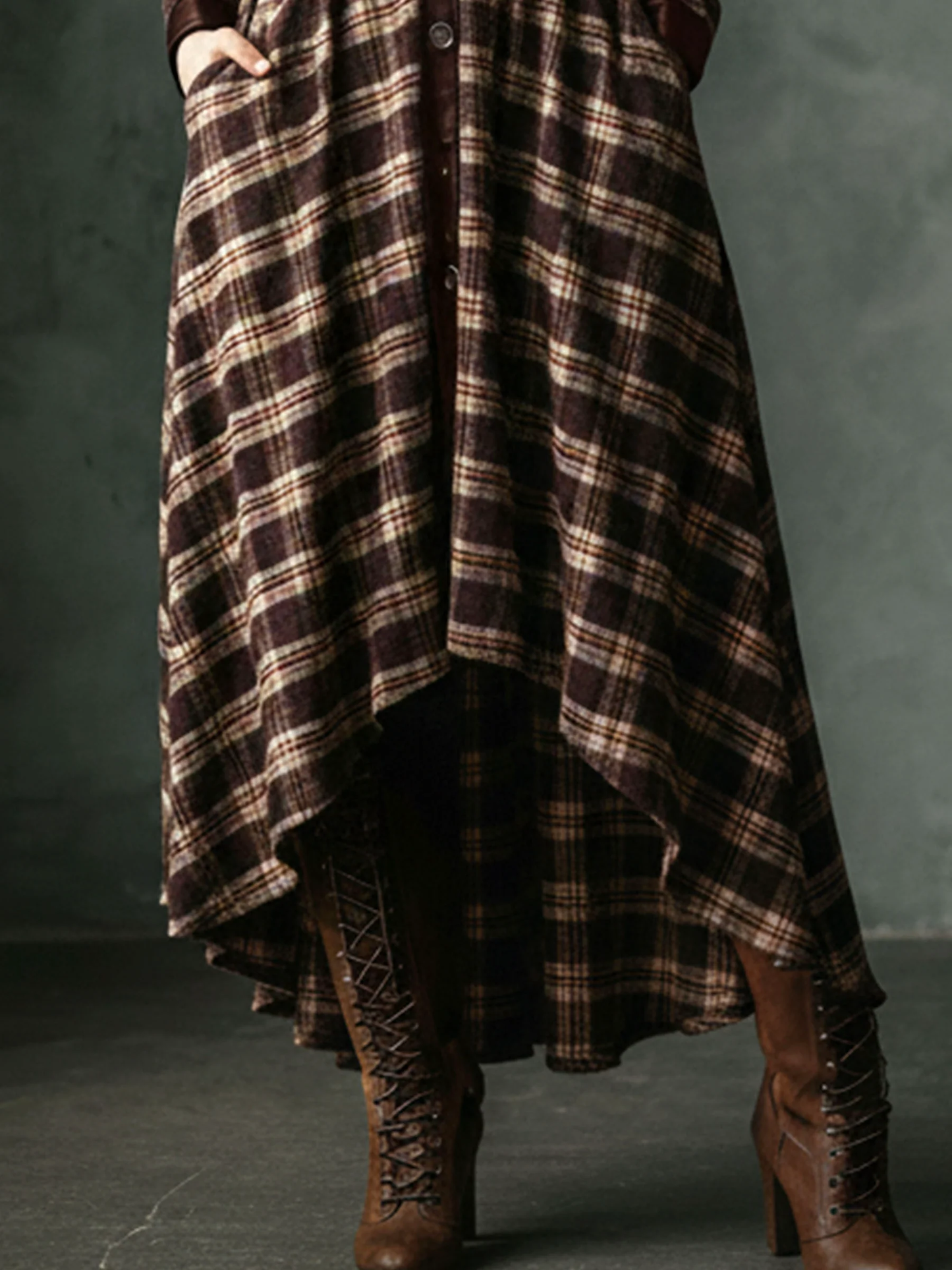Brown Plaid Lapel Retro Pocket Irregular Maxi Dresses