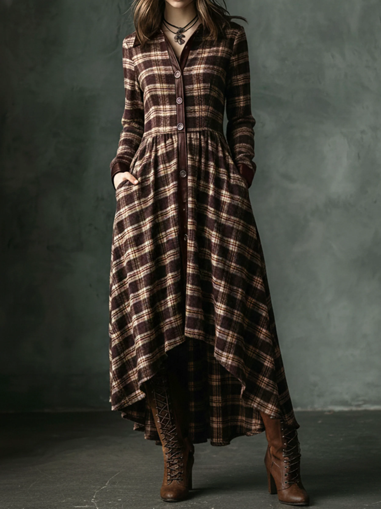 Brown Plaid Lapel Retro Pocket Irregular Maxi Dresses