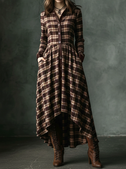 Brown Plaid Lapel Retro Pocket Irregular Maxi Dresses