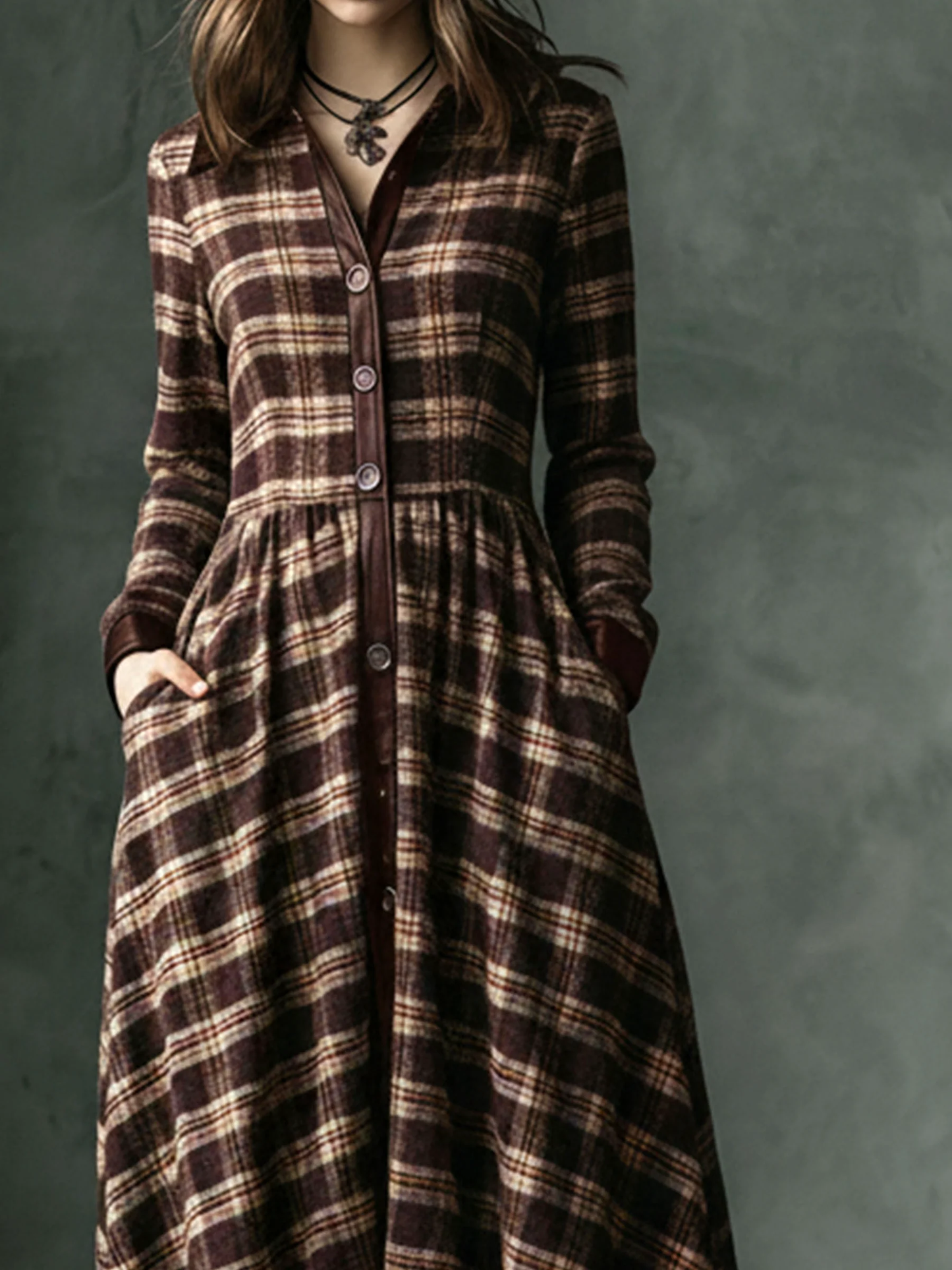 Brown Plaid Lapel Retro Pocket Irregular Maxi Dresses