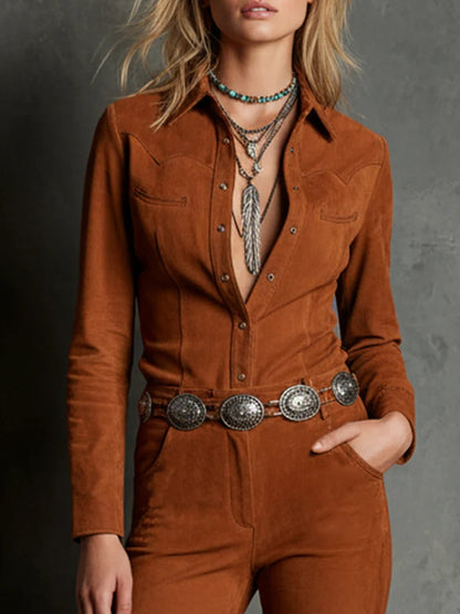 Brown Western Faux Suede Shirt and Flared Trousers Two-piece Set(with belt)