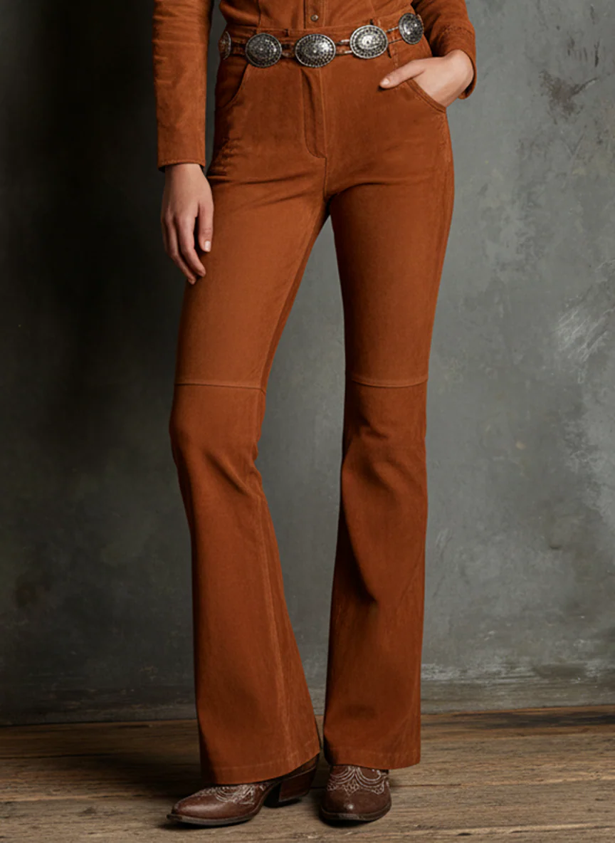 Brown Western Faux Suede Shirt and Flared Trousers Two-piece Set(with belt)