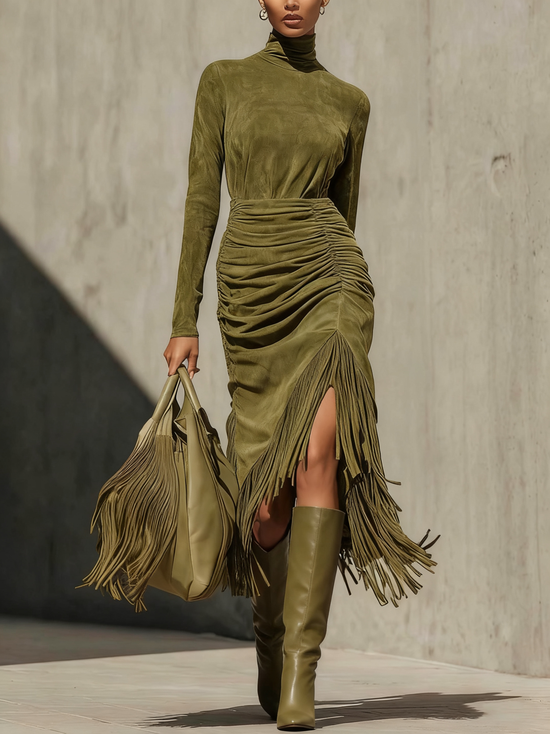 Olive Green High-neck Faux Suede Pleated Tassel Wrap Midi Dress