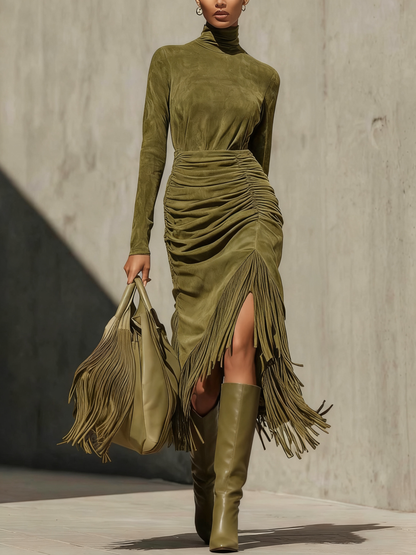 Olive Green High-neck Faux Suede Pleated Tassel Wrap Midi Dress