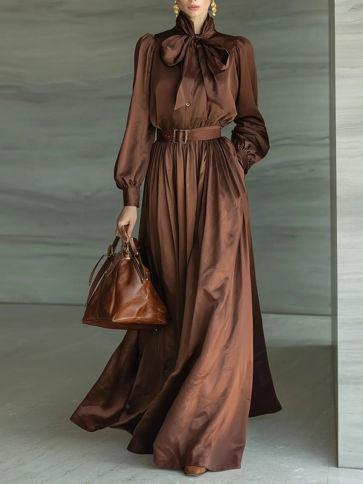 Caramel-colored Bow-tie Blouse and Long Skirt Two-piece Sett(with belt) - NuaVibe