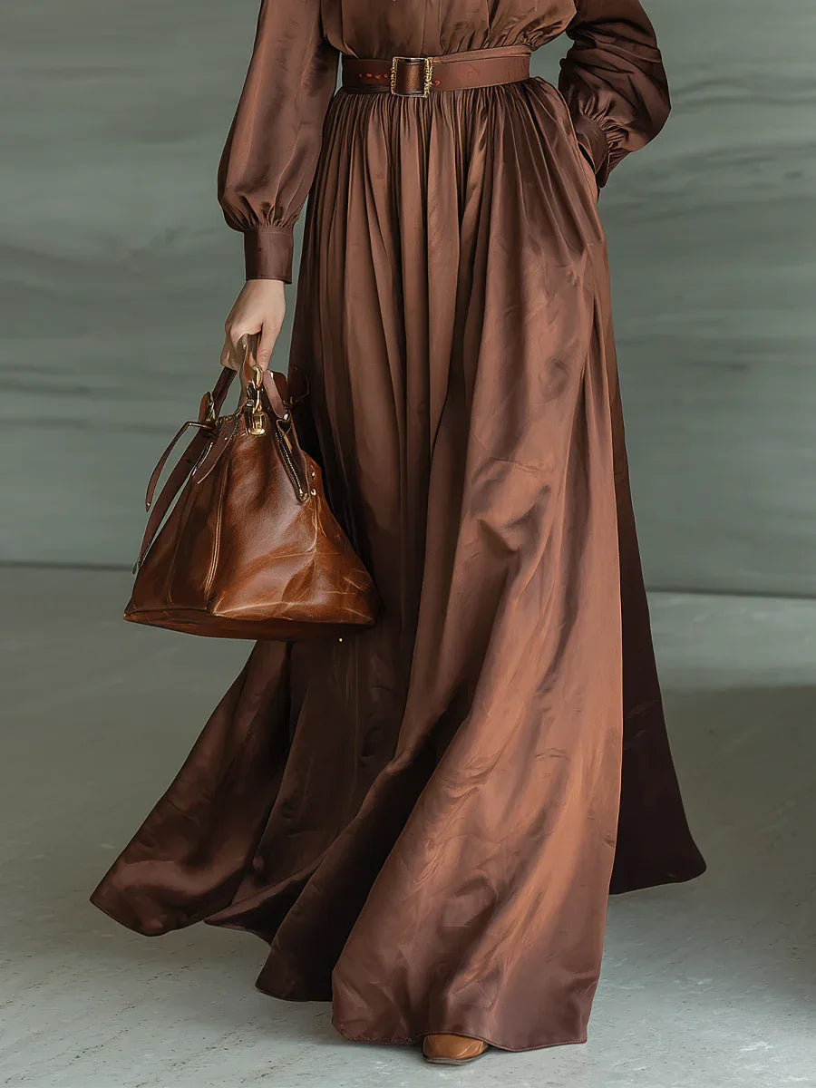 Caramel-colored Bow-tie Blouse and Long Skirt Two-piece Sett(with belt) - NuaVibe