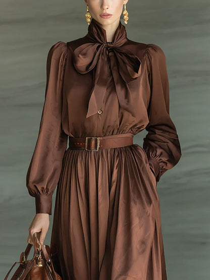 Caramel-colored Bow-tie Blouse and Long Skirt Two-piece Sett(with belt) - NuaVibe