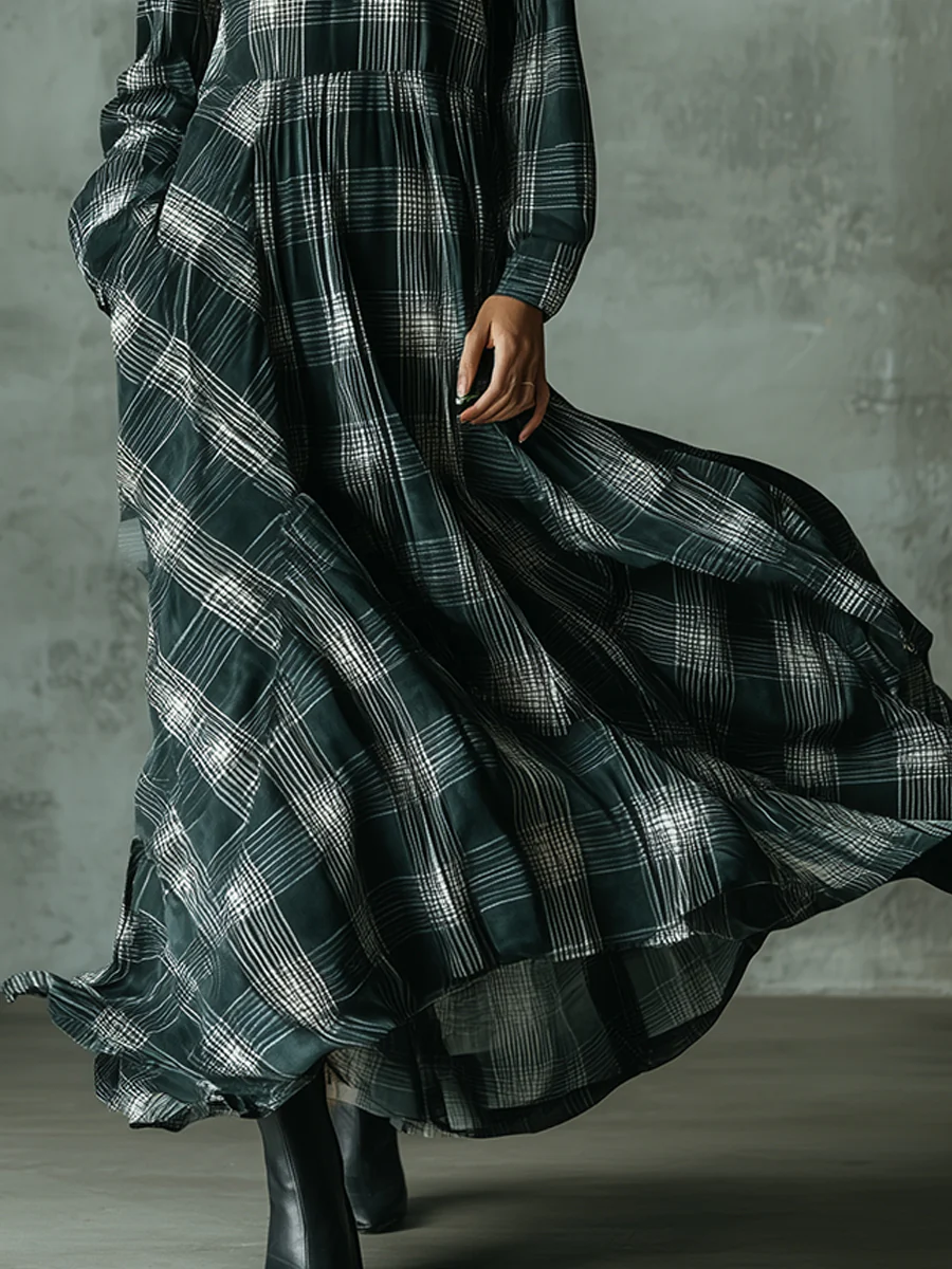 Dark Green Plaid Print Vintage Cotton Blend Loose Maxi Dresses