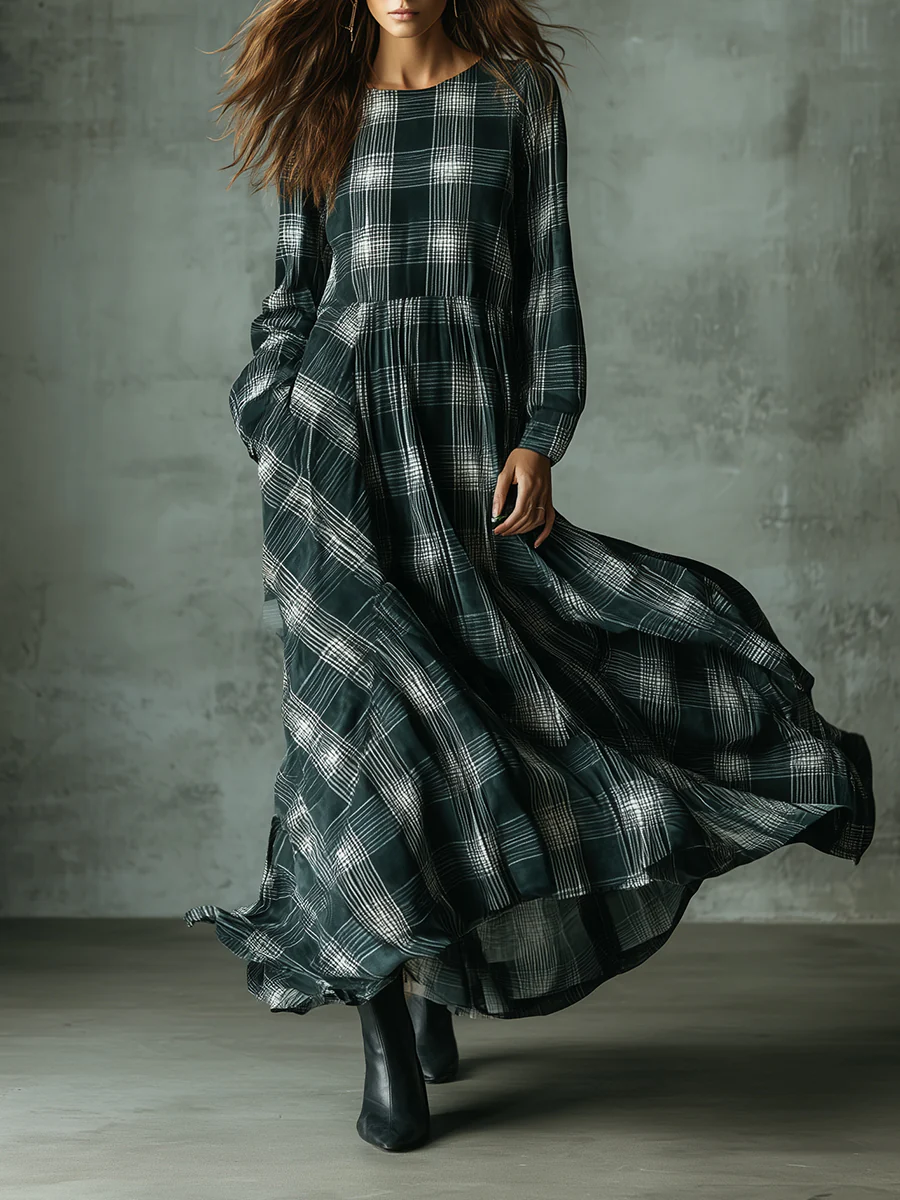 Dark Green Plaid Print Vintage Cotton Blend Loose Maxi Dresses