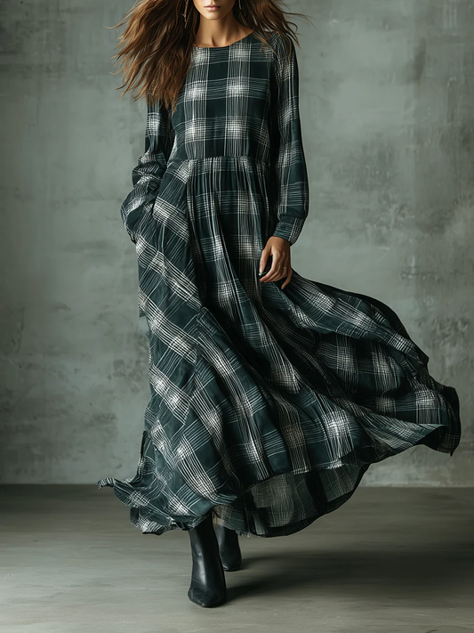 Dark Green Plaid Print Vintage Cotton Blend Loose Maxi Dresses