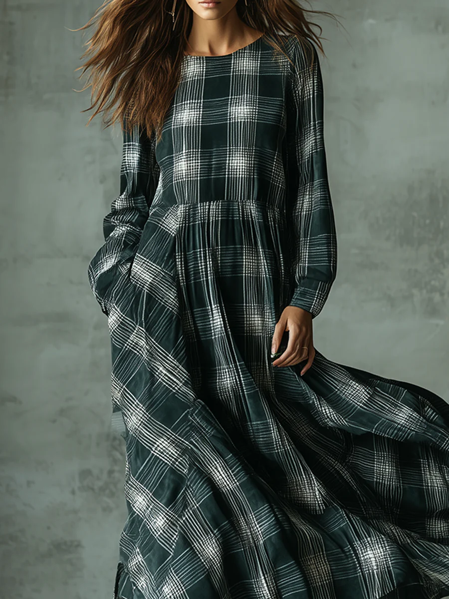Dark Green Plaid Print Vintage Cotton Blend Loose Maxi Dresses