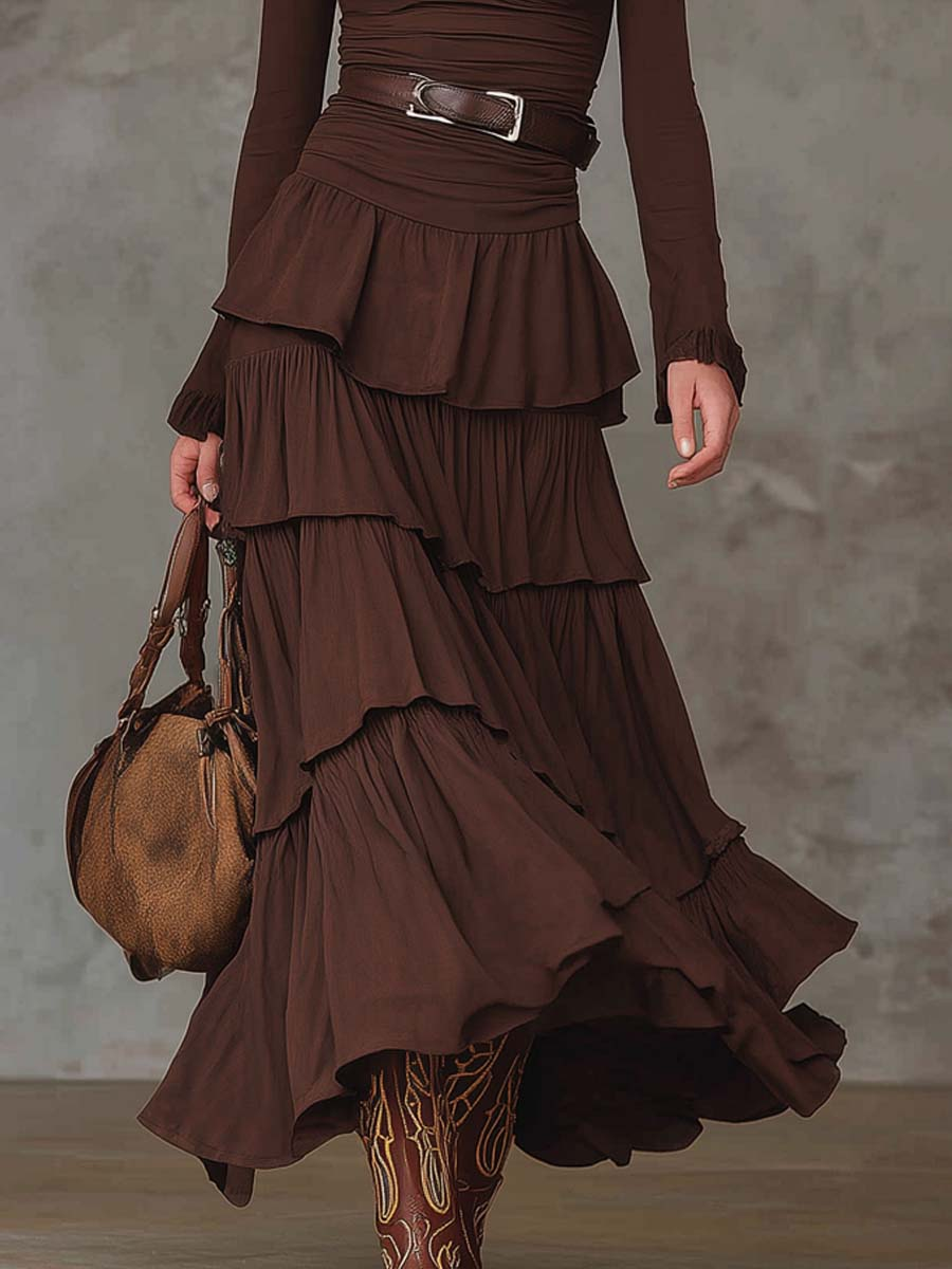 Brown Retro V-neck Multi-layered Ruffled Maxi Dress（With belt）