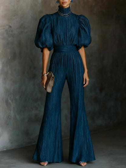 Dark Blue Textured Pleated High-neck Cross-strap Backless Jumpsuit - NuaVibe