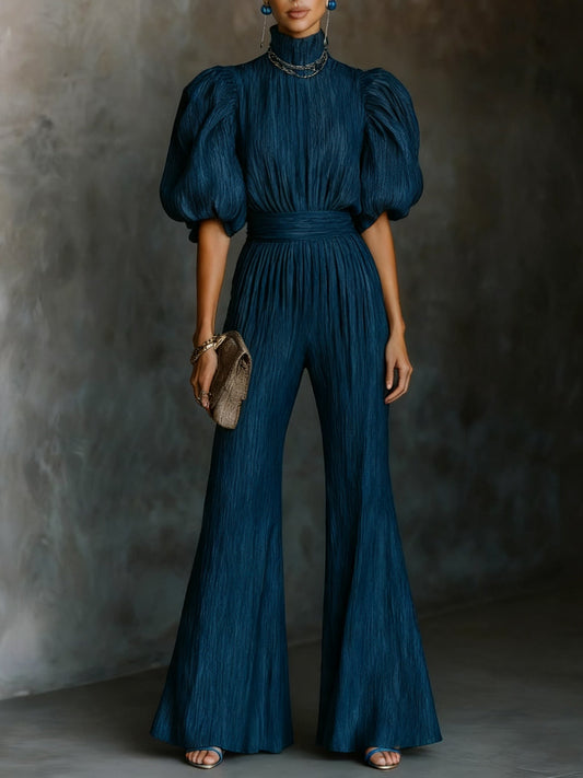 Dark Blue Textured Pleated High-neck Cross-strap Backless Jumpsuit