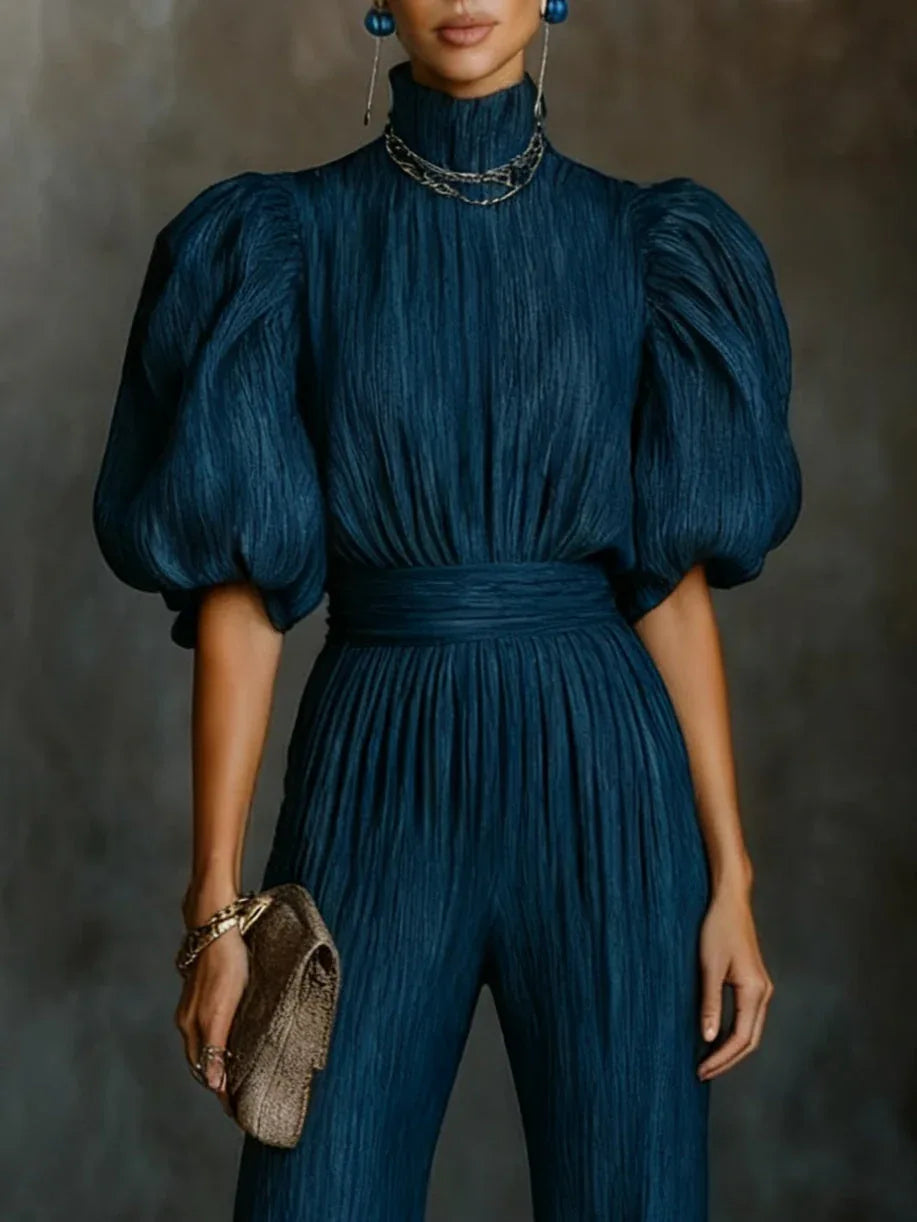 Dark Blue Textured Pleated High-neck Cross-strap Backless Jumpsuit - NuaVibe