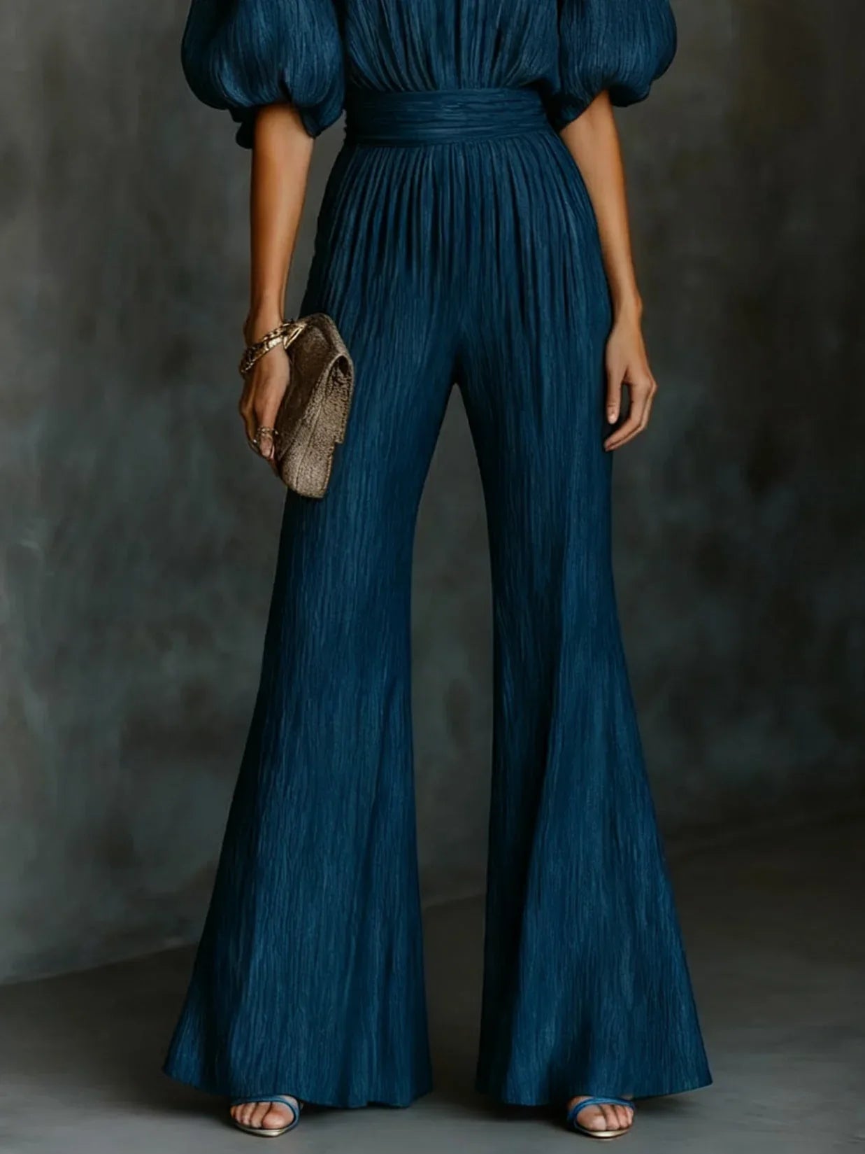 Dark Blue Textured Pleated High-neck Cross-strap Backless Jumpsuit - NuaVibe