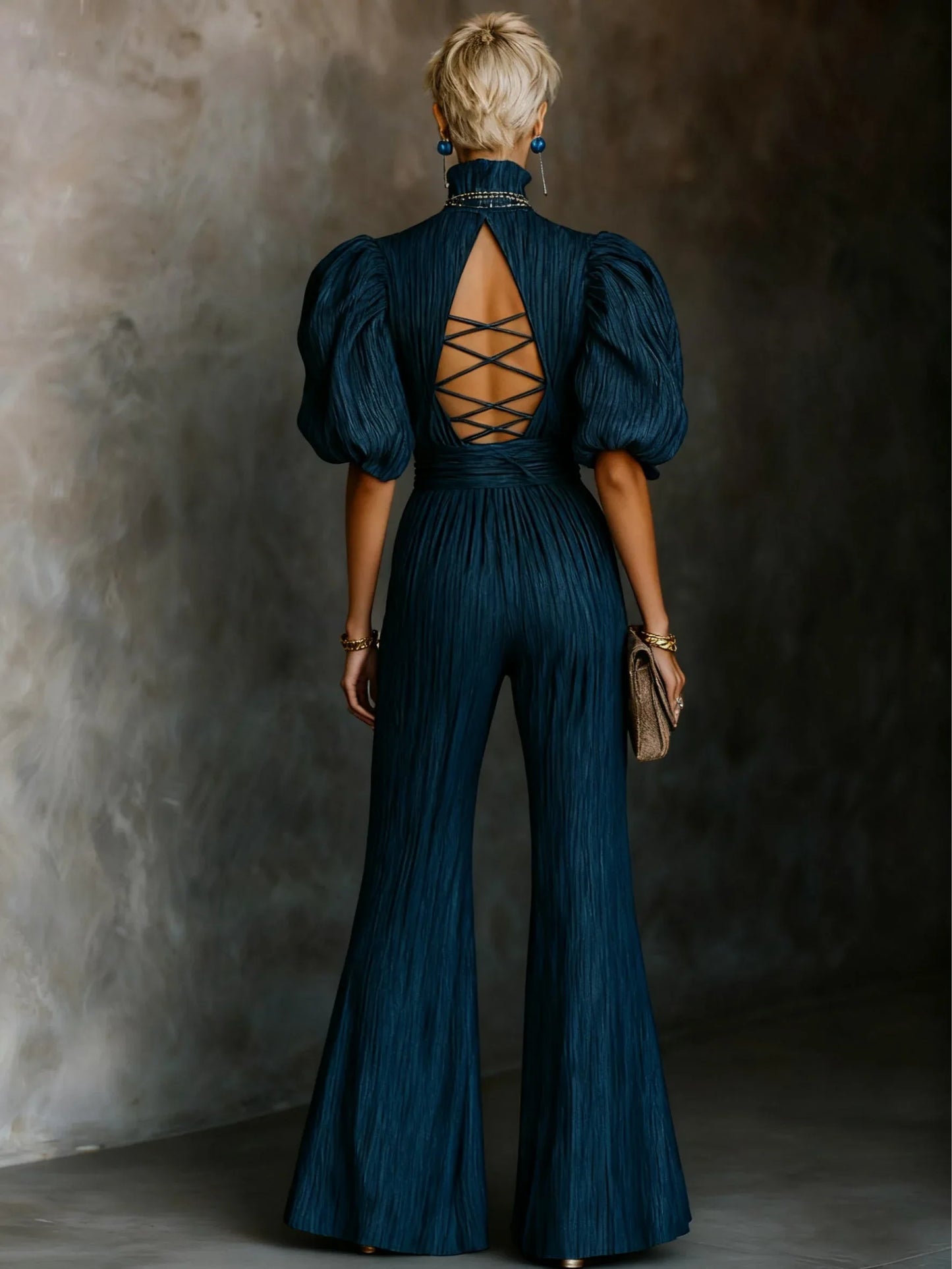 Dark Blue Textured Pleated High-neck Cross-strap Backless Jumpsuit - NuaVibe