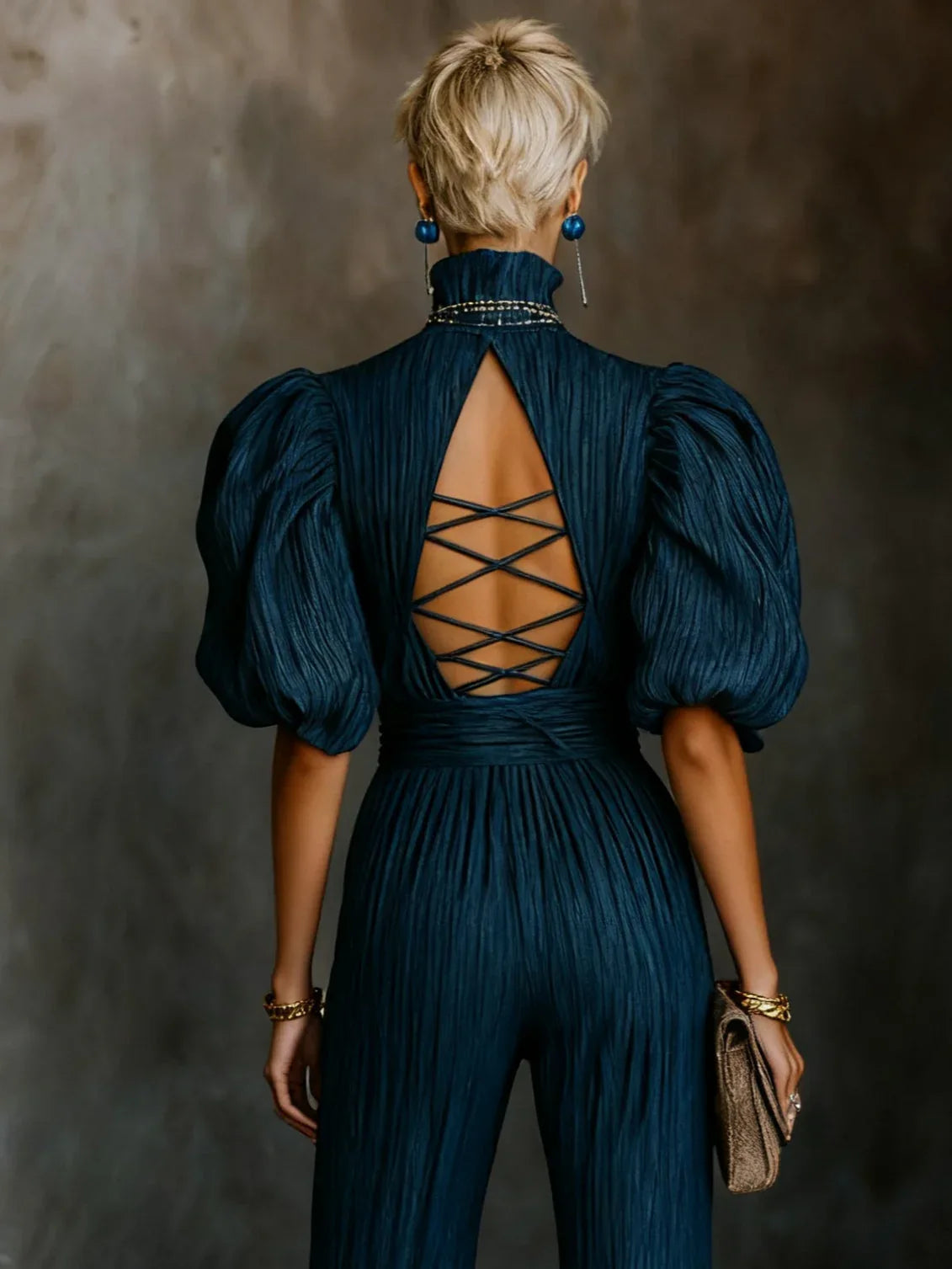 Dark Blue Textured Pleated High-neck Cross-strap Backless Jumpsuit - NuaVibe