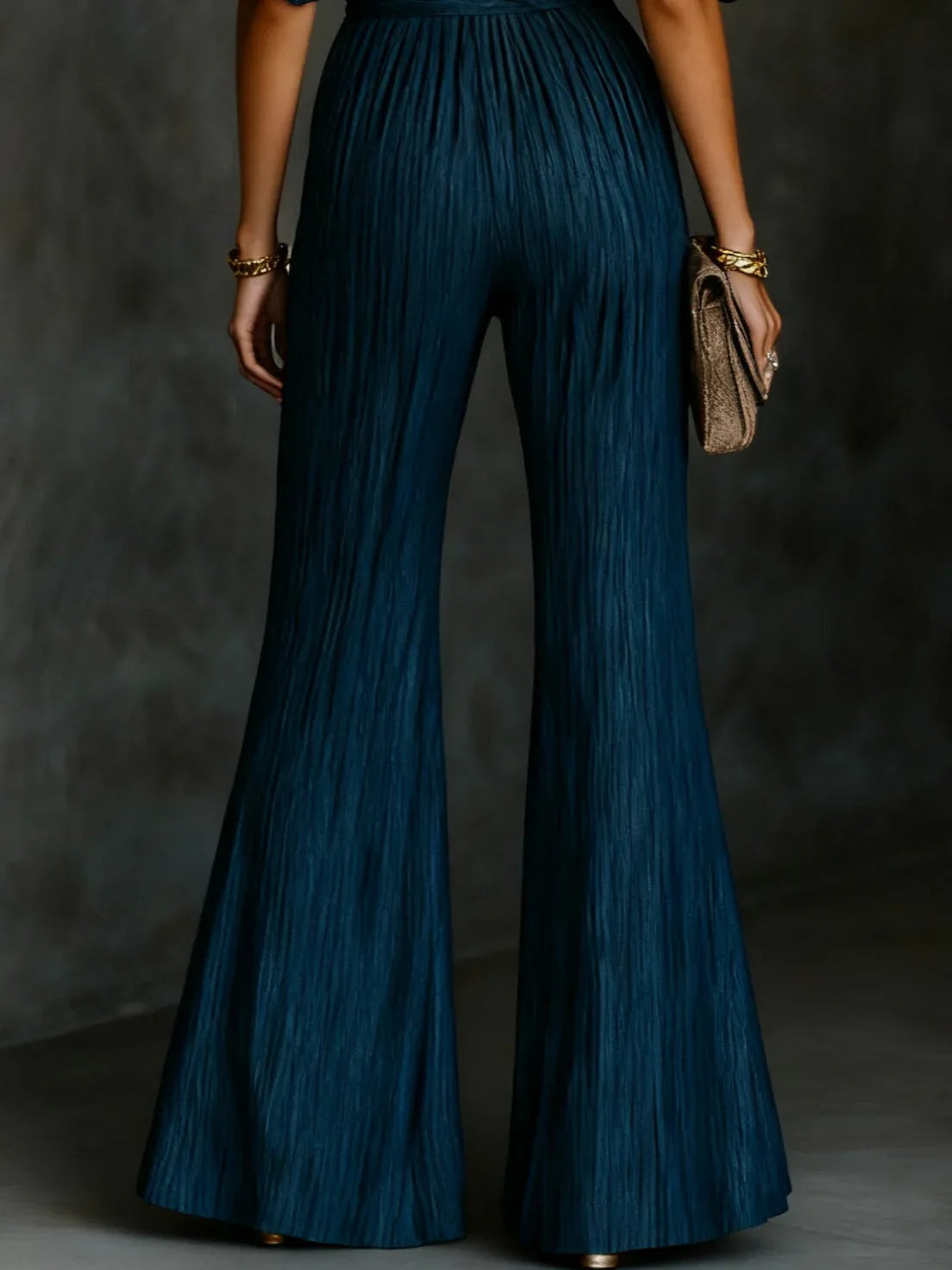 Dark Blue Textured Pleated High-neck Cross-strap Backless Jumpsuit - NuaVibe