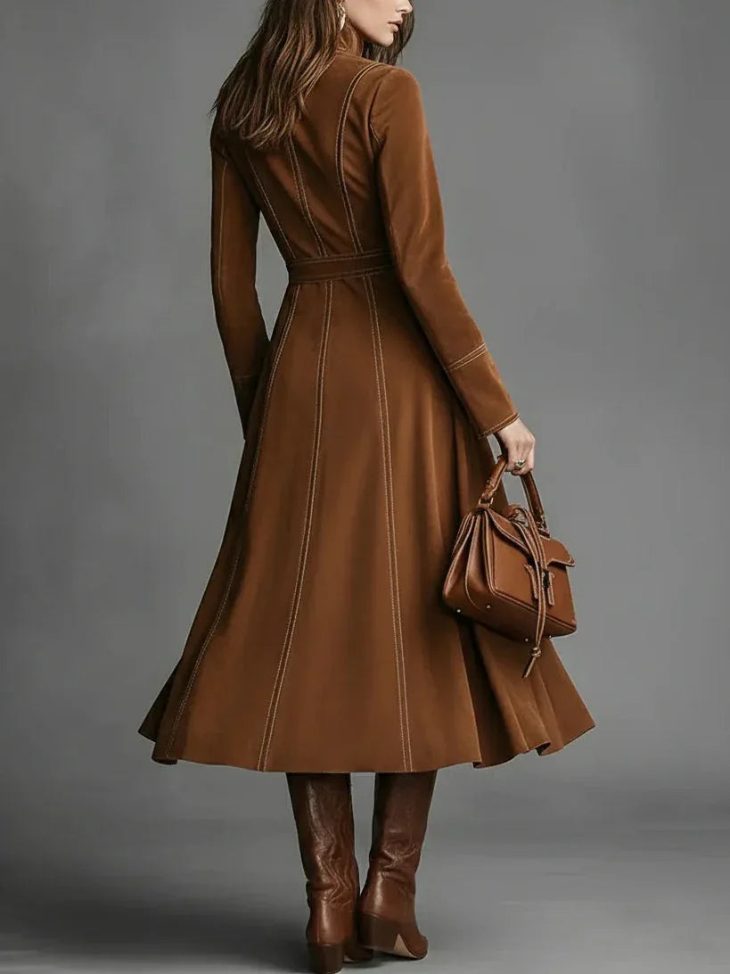 Brown Faux Suede Front Zipper Belted Elegant Maxi Dress - NuaVibe